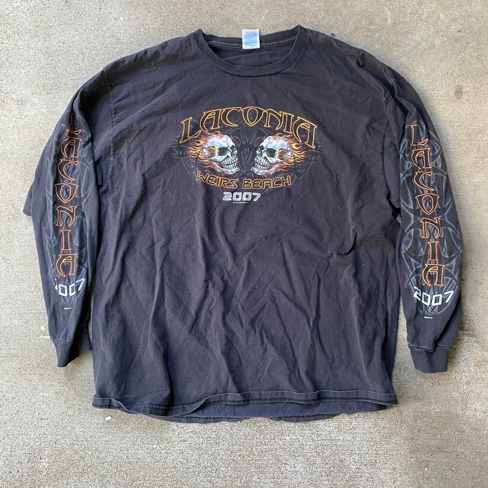 Laconia Longsleeve Biker Tee Shirt 2007 Skulls Flames y2k 2XL Black